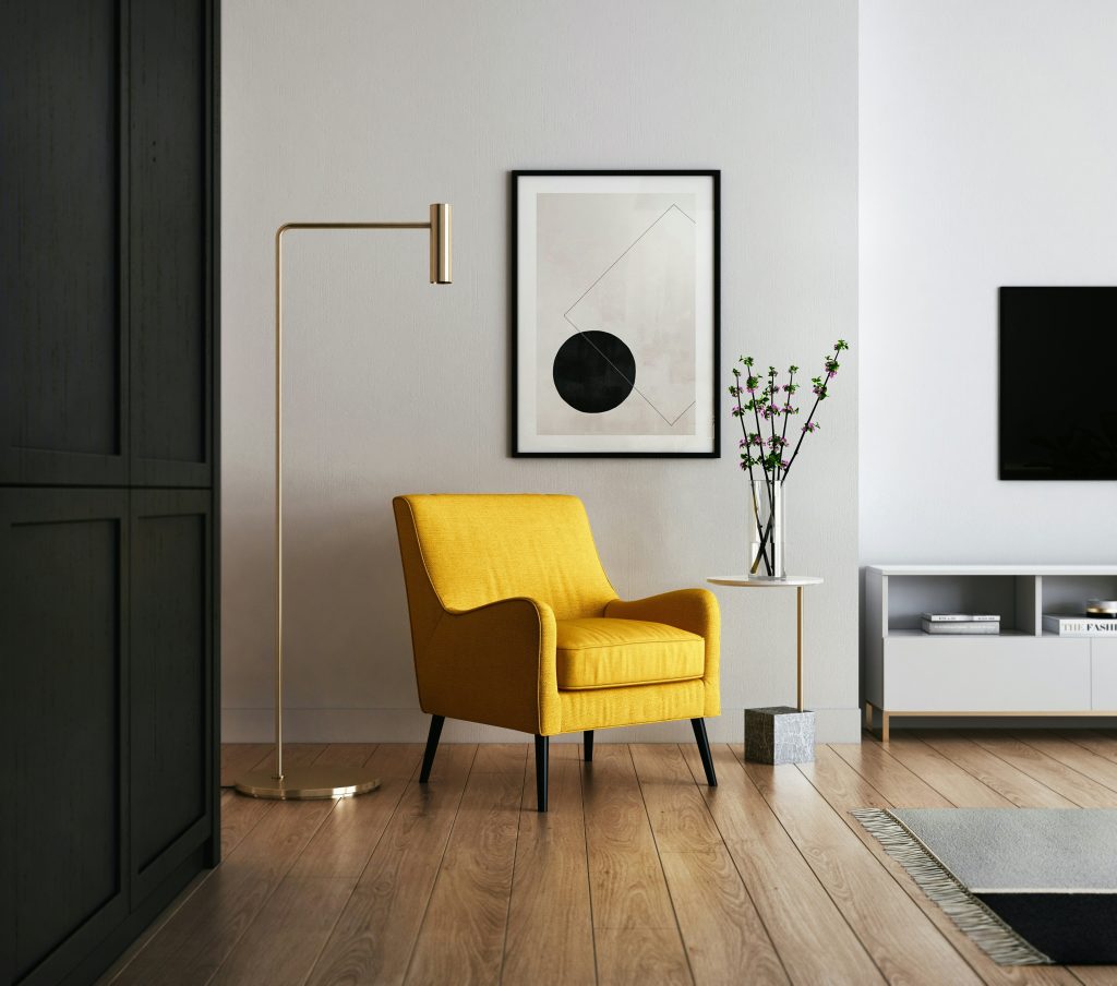 living room with yellow chair